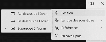 Paramètres de la fenêtre des sous-titres