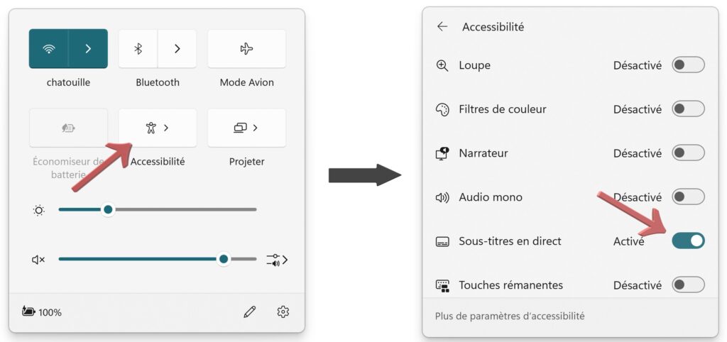Sous-titres en direct dans les paramètres rapides