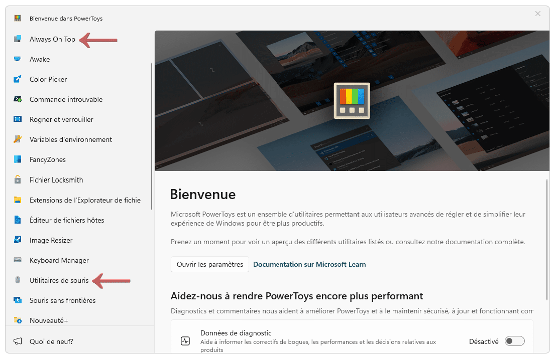 Page d'accueil des PowerToys