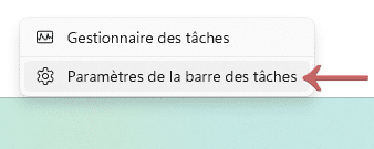 menu contextuel paramètres de la barre des tâches