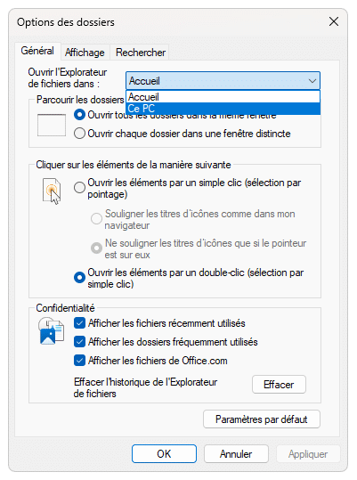 Options des dossiers Windows 11