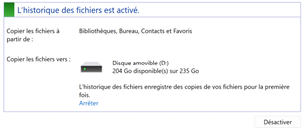 L'historique des fichiers est activé
