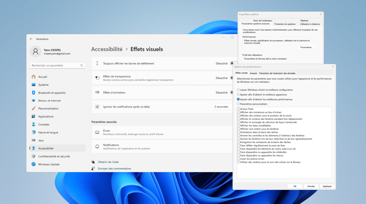 Paramètres de performance sous Windows 11 avec l’option pour désactiver les effets visuels et accélérer le PC