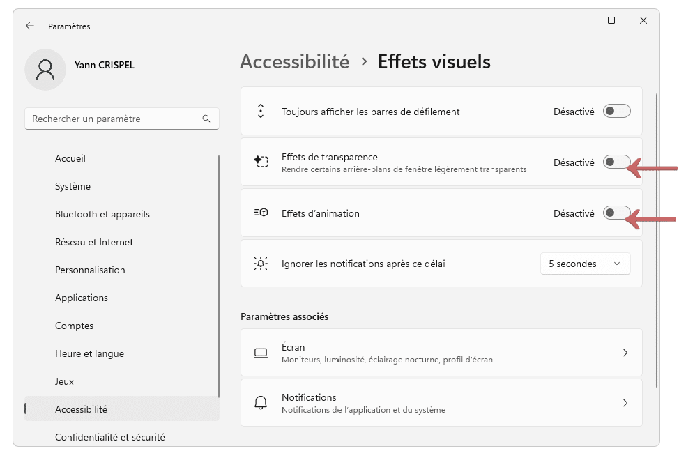 Désactiver les effets de transparence et d'animation