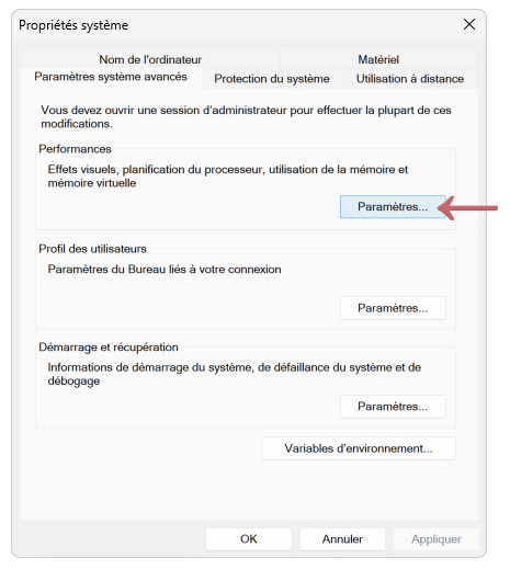 Paramètres Performances des propriétés système