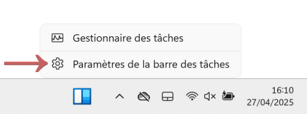 paramètres barre des tâches