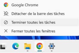 Menu clic droit de Windows 11 avec l'option Terminer la tâche sur la barre des tâches.