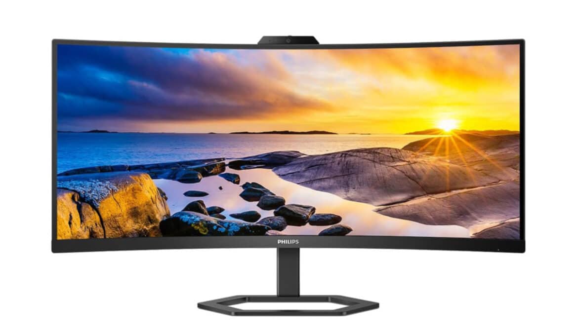 Écran incurvé Philips 34E1C5600HE avec paysage coloré.