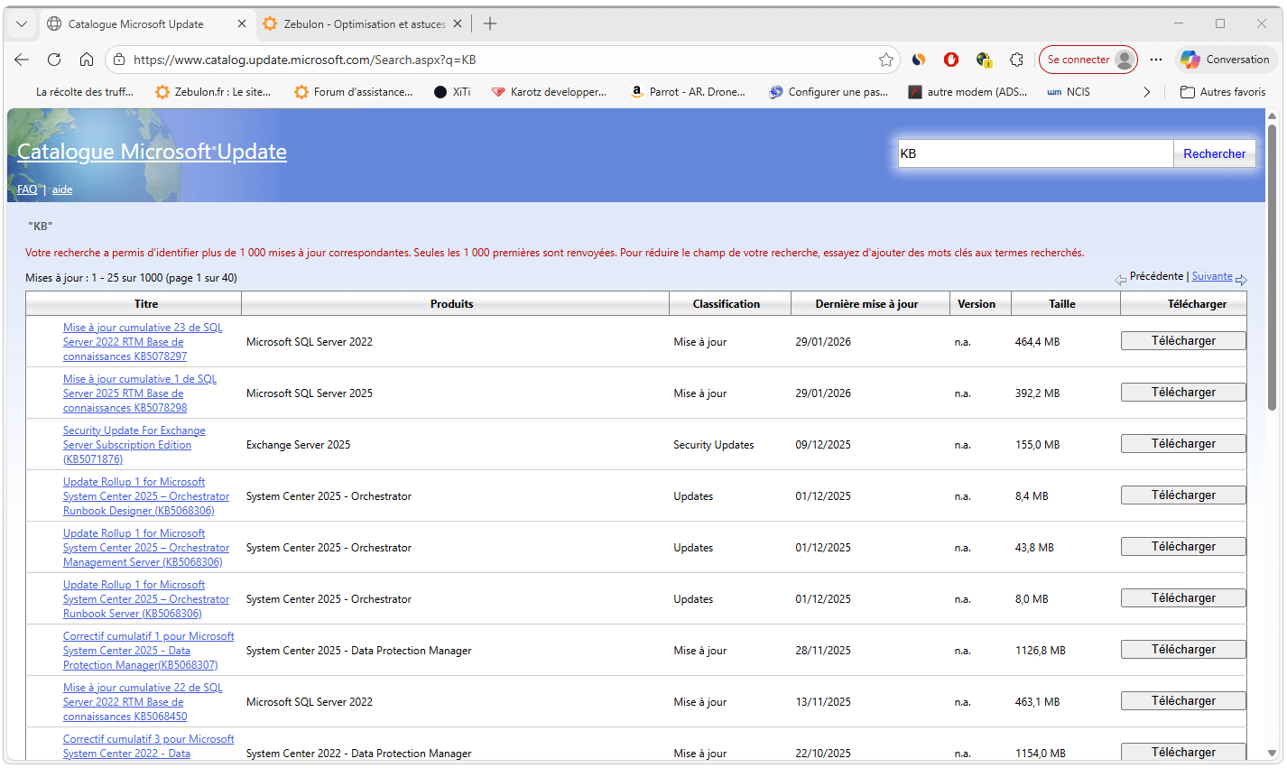 catalogue microsoft update recherche par numéro KB