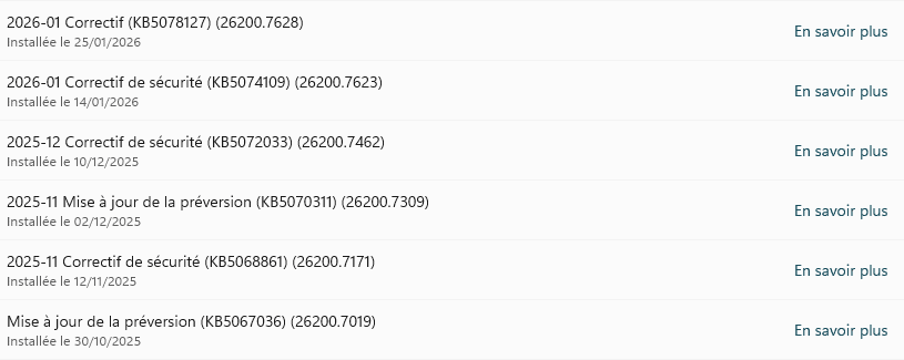historique des mises a jour windows avec numéros KB