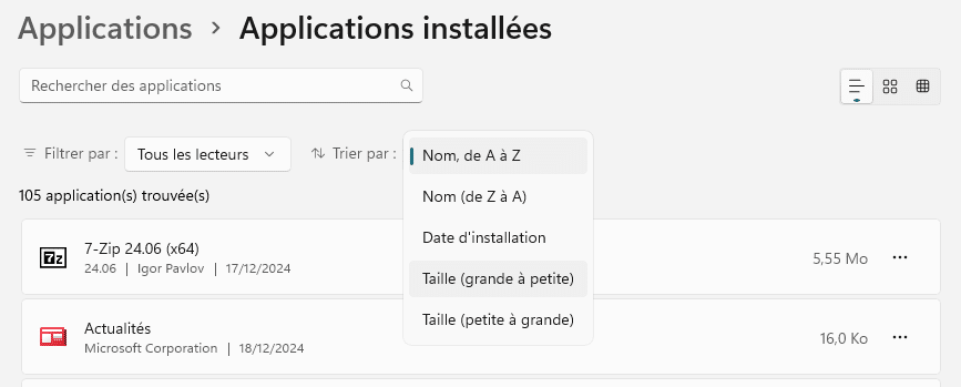 Applications installées triées par taille