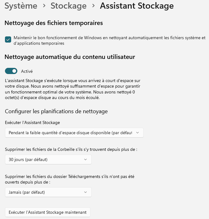 Paramètres de nettoyage automatique Windows