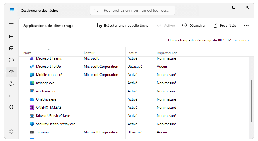 Liste des applications de démarrage